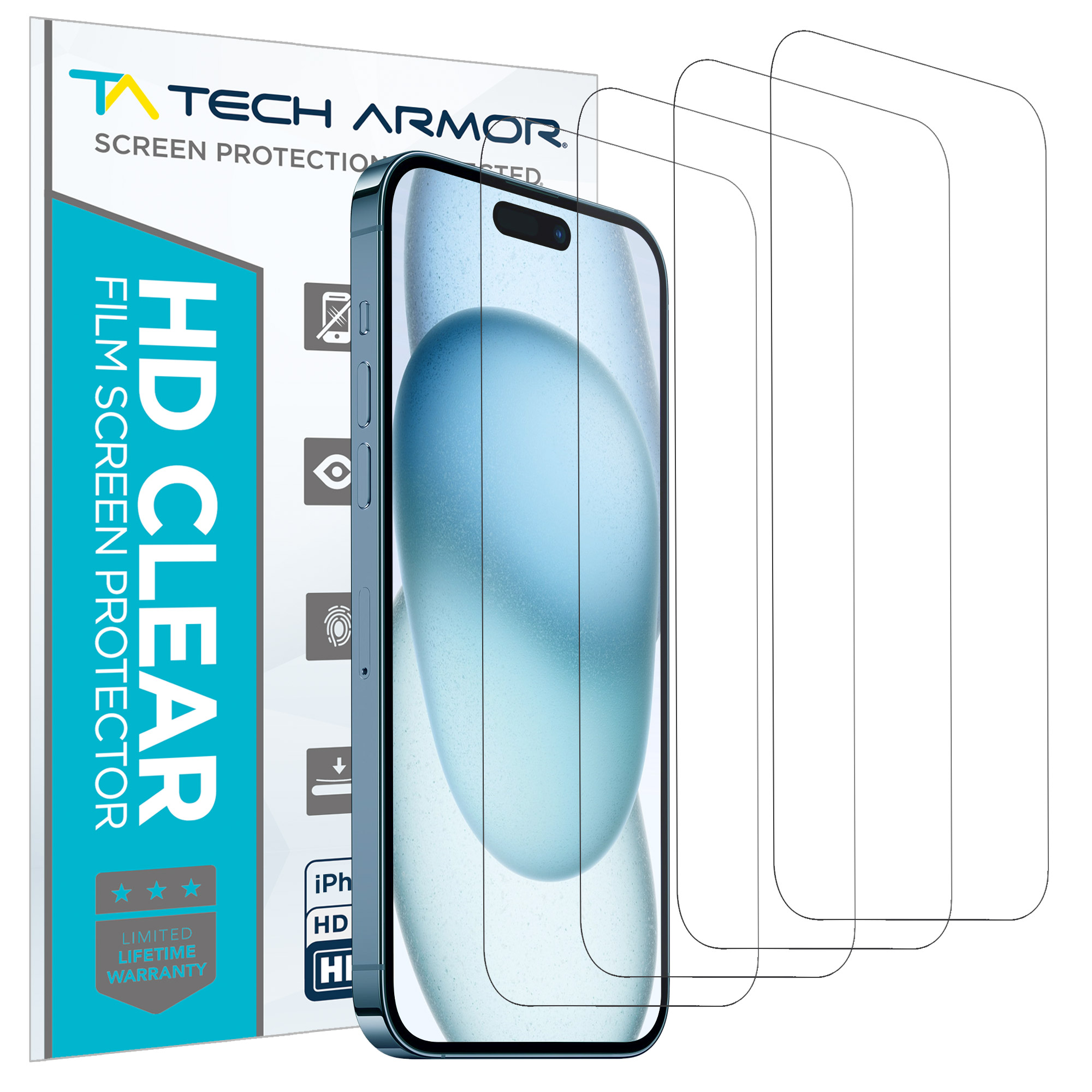 Tech Armor HD Film Screen Protector For iPhone 15 Pro Max 6.7 Inch - 4 Pack